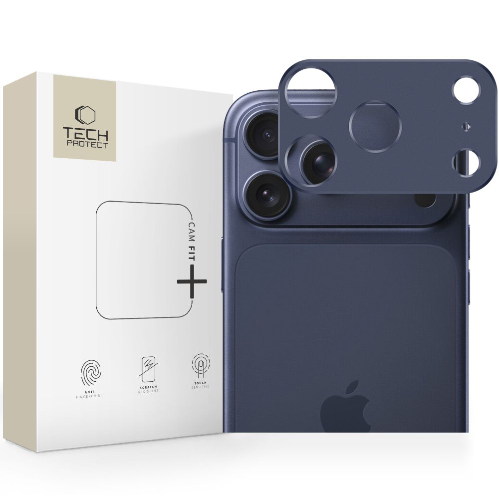 Tamsiai mėlyna galinės kameros apsauga Apple Iphone 17 Pro Tech-Protect Camalloy Fit+ Tamsiai mėlyna galinės kameros apsauga Apple Iphone 17 Pro Tech-Protect Camalloy Fit+ ant telefono su dėžute