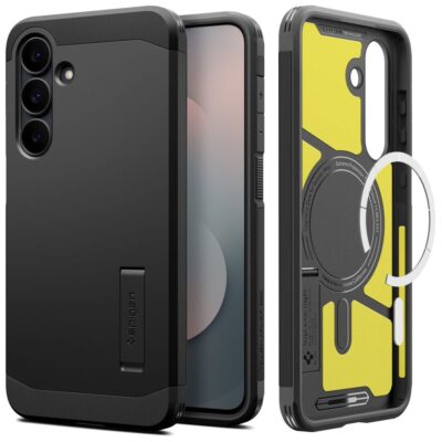 Juodas dėklas Samsung Galaxy S25 FE Spigen Tough Armor Magsafe su apsaugomis ir stoveliu