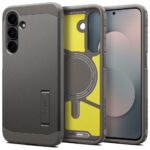 pilkas deklas samsung galaxy s25 fe spigen tough armor magsafe su geltonu vidumi ir triju kameru angomis