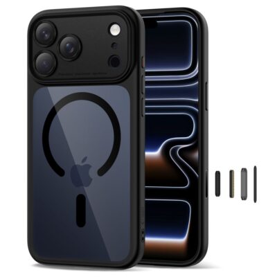 Juodas-skaidrus dėklas Apple Iphone 17 Pro Max Tech-Protect Magpeak Magsafe CC su matiniu juodu rėmu ir skaidriu nugarėlės paviršiumi