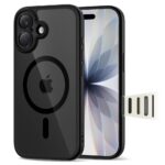 Juodas-skaidrus dėklas Apple Iphone 17 Tech-Protect Magpeak Magsafe CC su matomu Apple logotipu ir apsauga kamerai