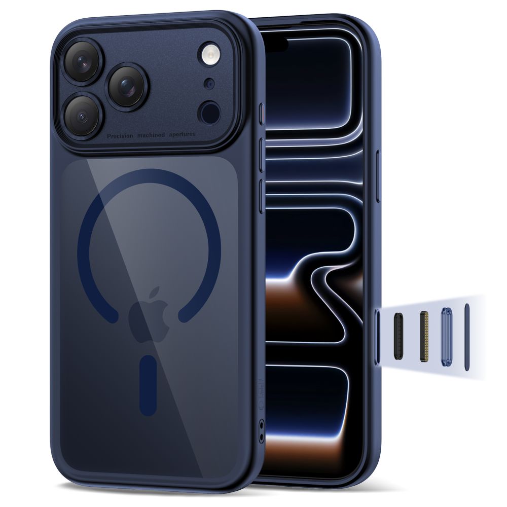 Tamsiai mėlynas-skaidrus dėklas Apple Iphone 17 Pro Max Tech-Protect Magpeak Magsafe CC Tamsiai mėlynas skaidrus dėklas Apple iPhone 17 Pro Max su matiniu atspaudu ir magnetiniu žiedu
