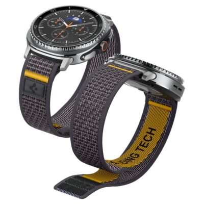 Pilka apyranke Samsung Galaxy Watch 8 Classic su geltona siuvinejima ir tekstile medzia
