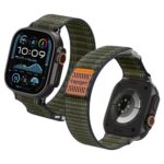Žalia apyrankė Apple Watch 8 9 10 11 SE Ultra su juodu laikrodžio korpusu ir oranžinėmis detalėmis