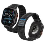 Juoda apyrankė Apple Watch 8 9 10 11 SE Ultra su tekstūruota juoda juosta ir baltomis siūlėmis