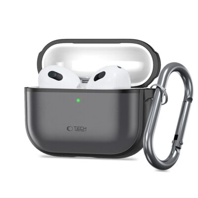 Juodas matinis dėklas Apple Airpods Pro 3 Tech-Protect Magmat su metaliniu karabinu ir baltomis ausinėmis