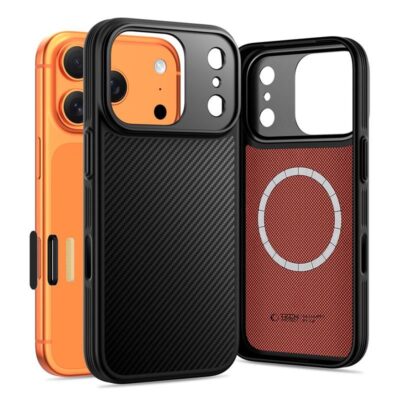 Juodas dėklas Apple Iphone 17 Pro Max Tech-Protect Kevlar Aramid Magsafe su ryškia kamera