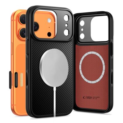 Juodas dėklas Apple Iphone 17 Pro Max Tech-Protect Kevlar Aramid Magsafe su magnetiniu kraštu ir tekstūruota paviršiaus medžiaga