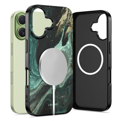 Verde Aura dėklas Apple Iphone 17 Tech-Protect Lamano Magsafe su žalia marmuro rašto nugara ir juoda vidine pusė