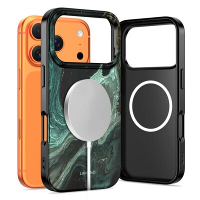 Verde Aura dėklas Apple Iphone 17 Pro Tech-Protect Lamano Magsafe su žalios ir juodos spalvų marmuro raštu