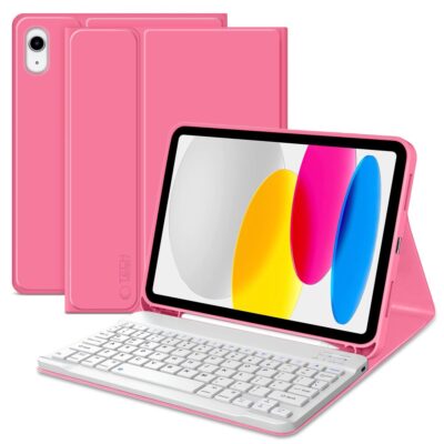 Rožinis dėklas Ipad 10.9 su integruota balta klaviatūra Tech-Protect SC Pen+Keyboard