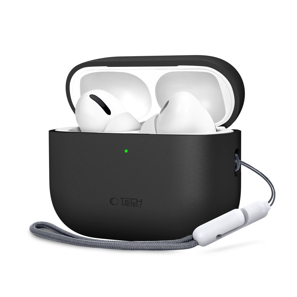 Juodas dėklas Apple Airpods Pro 3 Tech-Protect Silicone Juodas dėklas Apple Airpods Pro 3 Tech-Protect Silicone su baltomis ausinėmis ir rankena