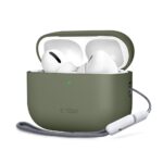 Olive dėklas Apple Airpods Pro 3 Tech-Protect Silicone su baltomis ausinėmis ir pilka virvelė