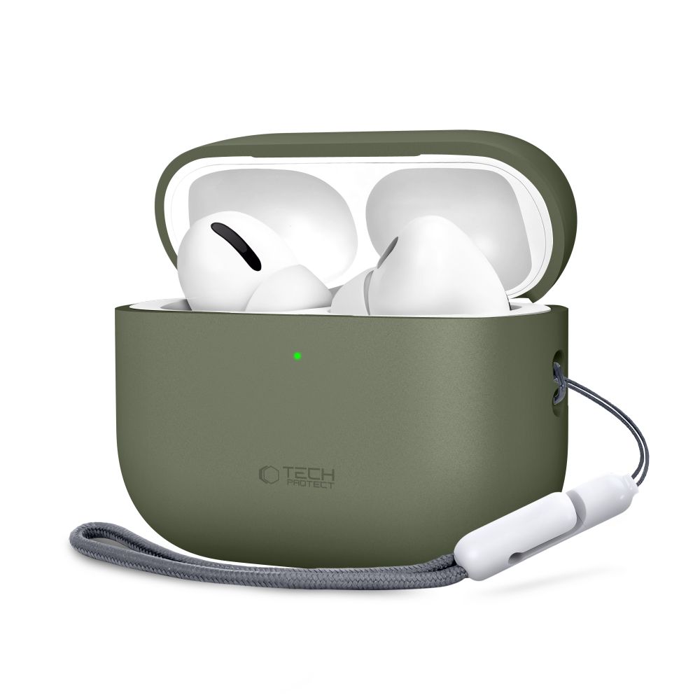 Olive dėklas Apple Airpods Pro 3 Tech-Protect Silicone Olive dėklas Apple Airpods Pro 3 Tech-Protect Silicone su baltomis ausinėmis ir pilka virvelė