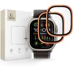 Oranžinės spalvos apsauginis stiklas Apple Watch Ultra 1 2 3 49mm TECH-PROTECT GLASS RING 2-PACK pakuotėje su laikrodžiu