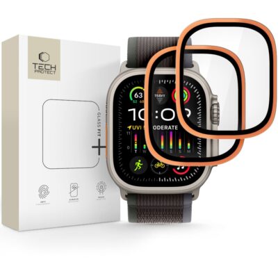Oranžinės spalvos apsauginis stiklas Apple Watch Ultra 1 2 3 49mm TECH-PROTECT GLASS RING 2-PACK pakuotėje su laikrodžiu