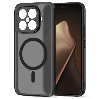 Juodas matinis dėklas Xiaomi 15T Pro su apsauga aplink kamerą ir magnetiniu žiedu