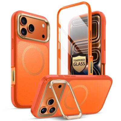 Oranžinis dėklas Apple Iphone 17 Pro Max Supcase Iblsn Ares Flip MAg Magsafe su permatomu priekiu ir apsauga aplink kamerą