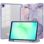 Violetinis marmurinis dėklas Galaxy Tab A9 A11 8.7 su aiškiu nugarėlės dangteliu ir laikikliu rašikliui