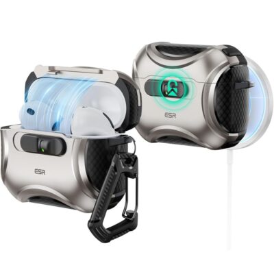 Titano spalvos dėklas Apple AirPods Pro 3 ESR Cyber Flicklock Halolock Magsafe su dangteliu ir karabinu