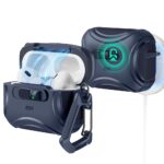 Tamsiai mėlynas dėklas Apple AirPods Pro 3 ESR CYBER FLICKLOCK HALOLOCK MAGSAFE su atidarytu dangteliu ir karabinu