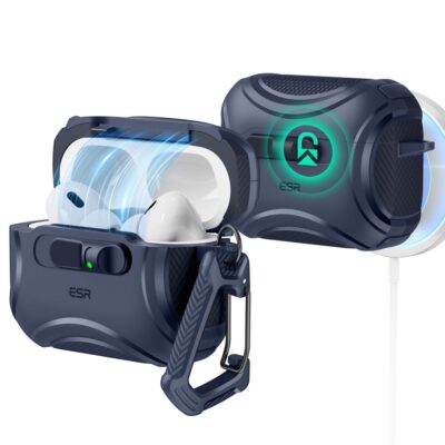 Tamsiai mėlynas dėklas Apple AirPods Pro 3 ESR CYBER FLICKLOCK HALOLOCK MAGSAFE su atidarytu dangteliu ir karabinu