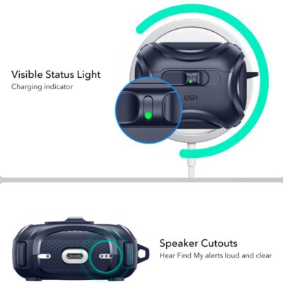 Tamsiai mėlynas dėklas Apple AirPods Pro 3 su matomu statuso šviesos indikatoriumi ir garsiakalbio angomis