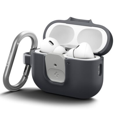 Juodas dėklas Apple Airpods Pro 3 Spigen Nano Pop su karabinu ir įdėtais baltos spalvos ausinėmis
