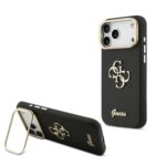 Juodas dėklas telefonui Apple iPhone 17 Pro Max su Guess logotipu ir aukso spalvos kameros rėmeliu