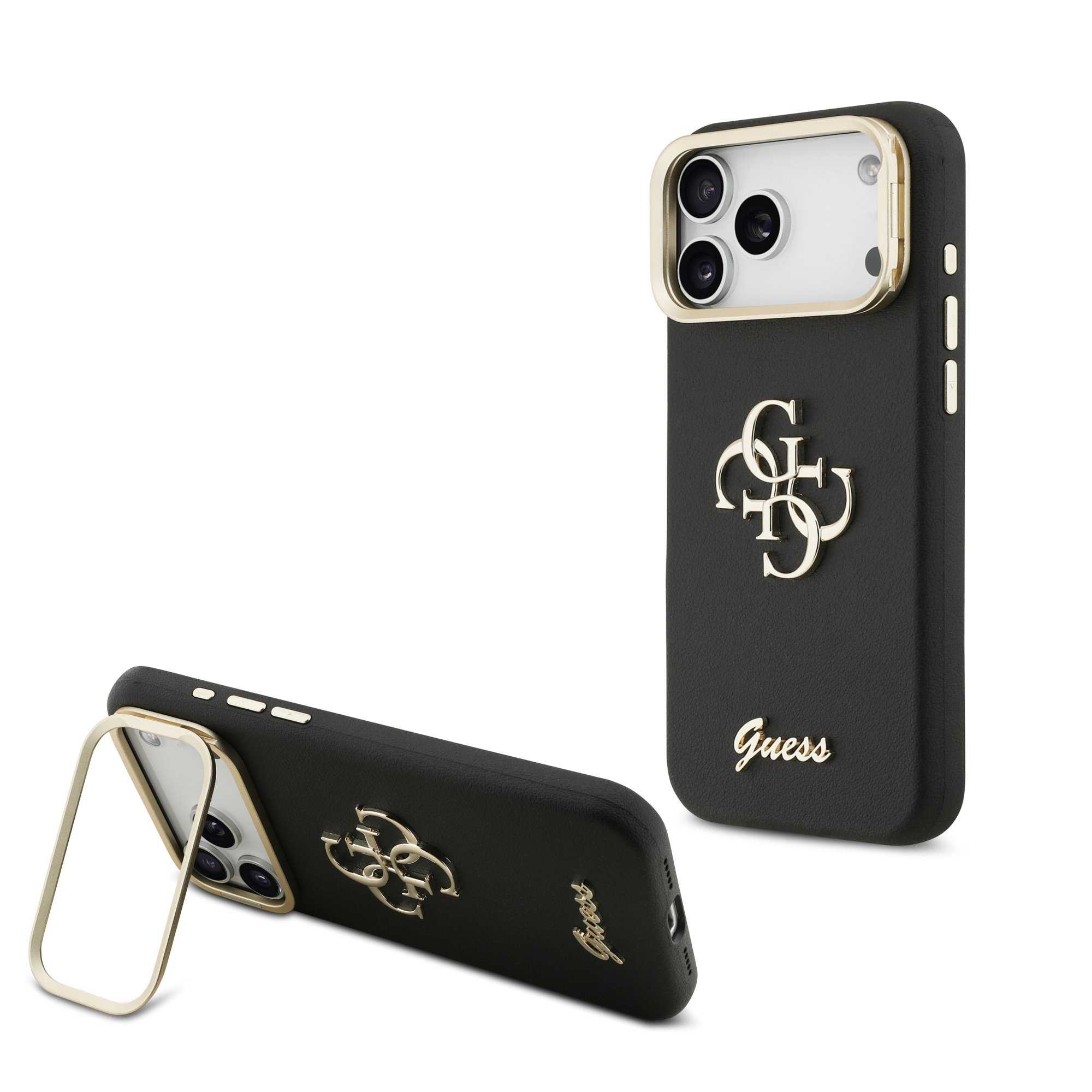 Juodas dėklas telefonui Apple iPhone 17 Pro Max Guess PU Grained 4G Logo Stand Camera Frame Juodas dėklas telefonui Apple iPhone 17 Pro Max su Guess logotipu ir aukso spalvos kameros rėmeliu