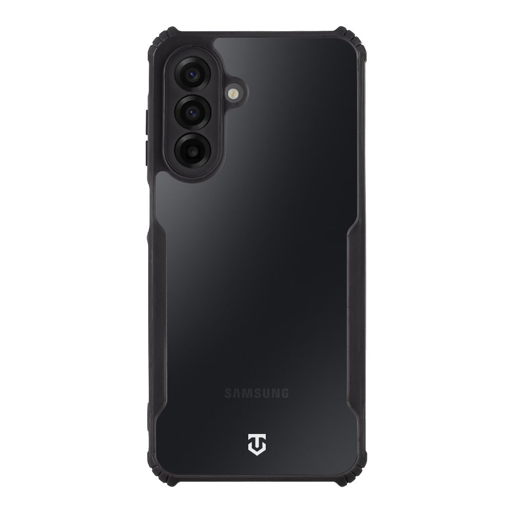 Skaidrus-juodas dėklas Tactical Quantum Stealth Samsung Galaxy A17 4G / 5G Skaidrus-juodas dėklas Tactical Quantum Stealth Samsung Galaxy A17 4G / 5G telefonui su matoma kamera ir logotipu.
