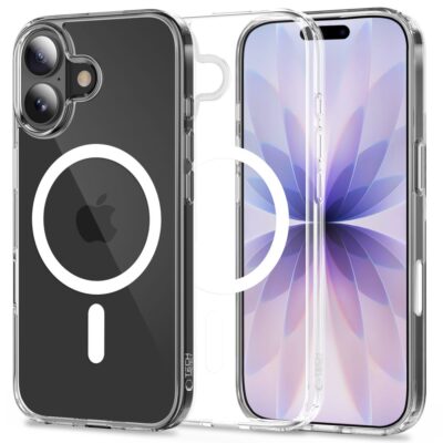 Skaidrus dėklas Apple iPhone 17 Tech-Protect FlexAir Hybrid CC Magsafe su sidabriniais akcentais aplink kamerą ir ekrano kraštus