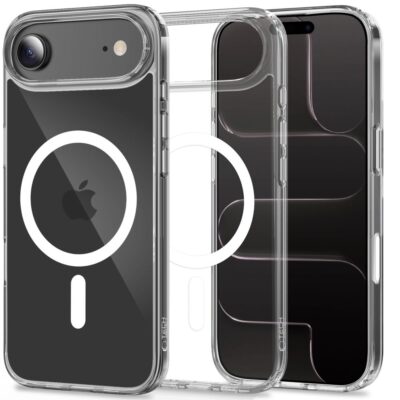 Skaidrus dėklas Apple iPhone Air Tech-Protect FlexAir Hybrid CC Magsafe su baltu Magsafe žiedu ir matomu logotipu