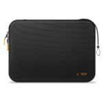 Juodas-oranžinis krepšys Laptop 13-14 TECH-PROTECT HARDPOUCH su juodos spalvos tekstūruota medžiaga ir oranžinėmis užtrauktukų detalėmis