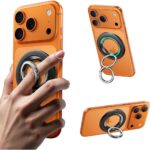 Juodas magnetinis telefono žiedas ant oranžinio telefono nugarėlės