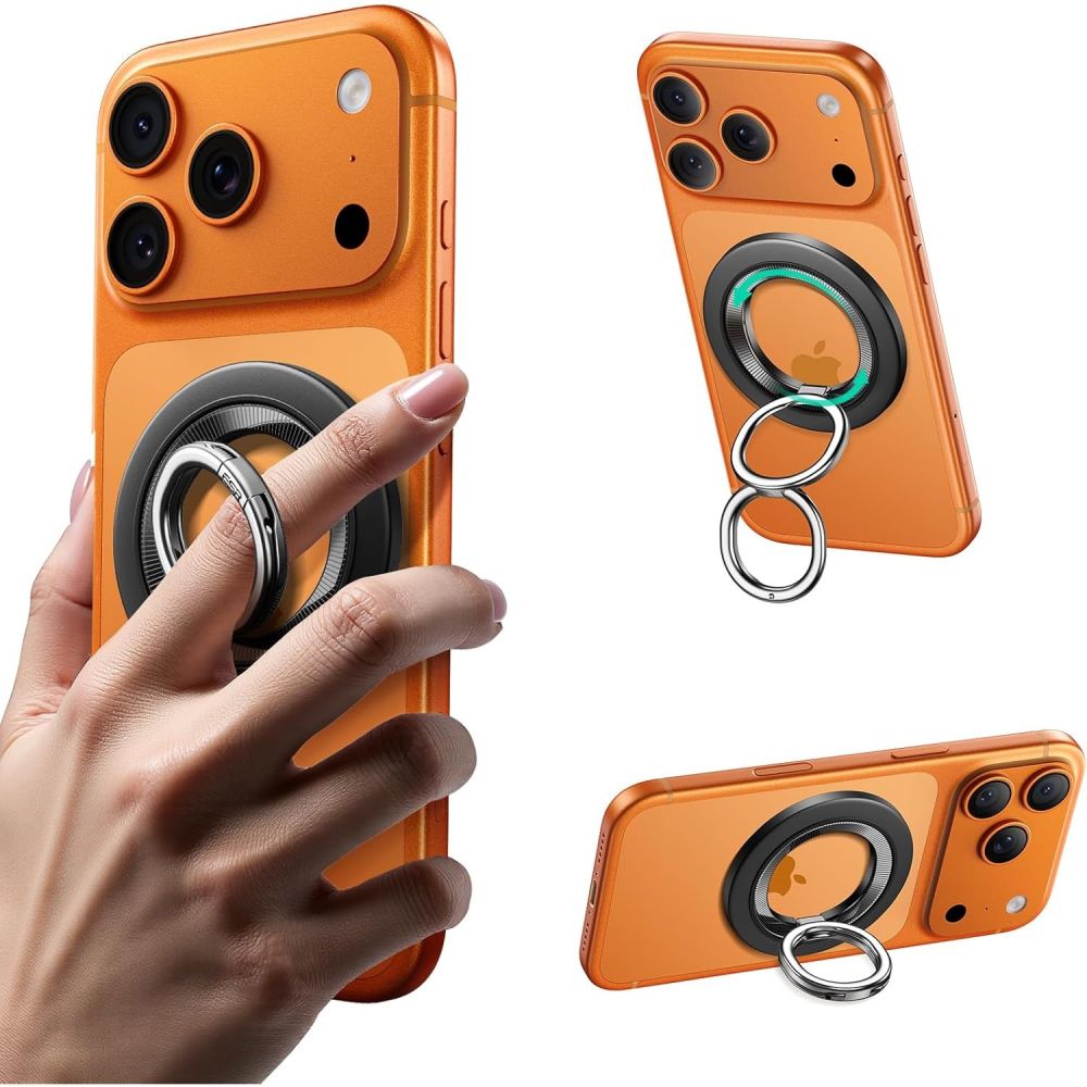 Juodas magnetinis telefono žiedas ESR MAGNETIC 360 HALOLOCK MAGSAFE PHONE RING Juodas magnetinis telefono žiedas ant oranžinio telefono nugarėlės