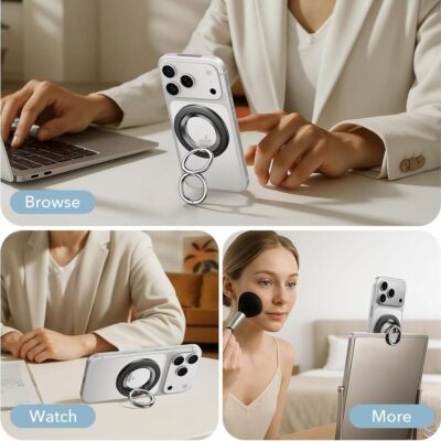 Juodas magnetinis telefono žiedas ESR Magnetic 360 Halolock magsafe telefoneitelyje su dviem skirtingais naudojimo būdais