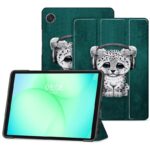 Liūdnas katinas dėklas Galaxy Tab A9 su ausinėmis tamsiai žaliame fone