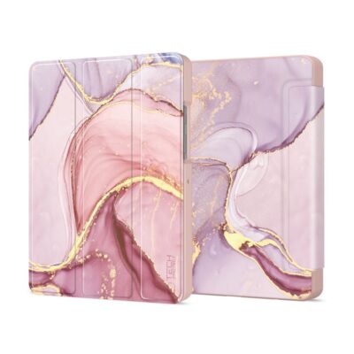 Marmurinis dėklas Galaxy Tab A9 A11 8.7 Tech-Protect Smartcase rožinės ir violetinės spalvų atspalvių su aukso linijomis