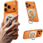Baltas magnetinis telefono žiedas ESR MAGNETIC 360 HALOLOCK MAGSAFE PHONE RING prie oranžinio telefono korpuso