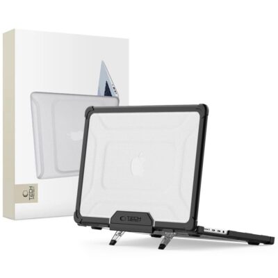 Juodas-skaidrus dėklas Macbook Pro 14 Tech-Protect Smartshell Pro ant stovo
