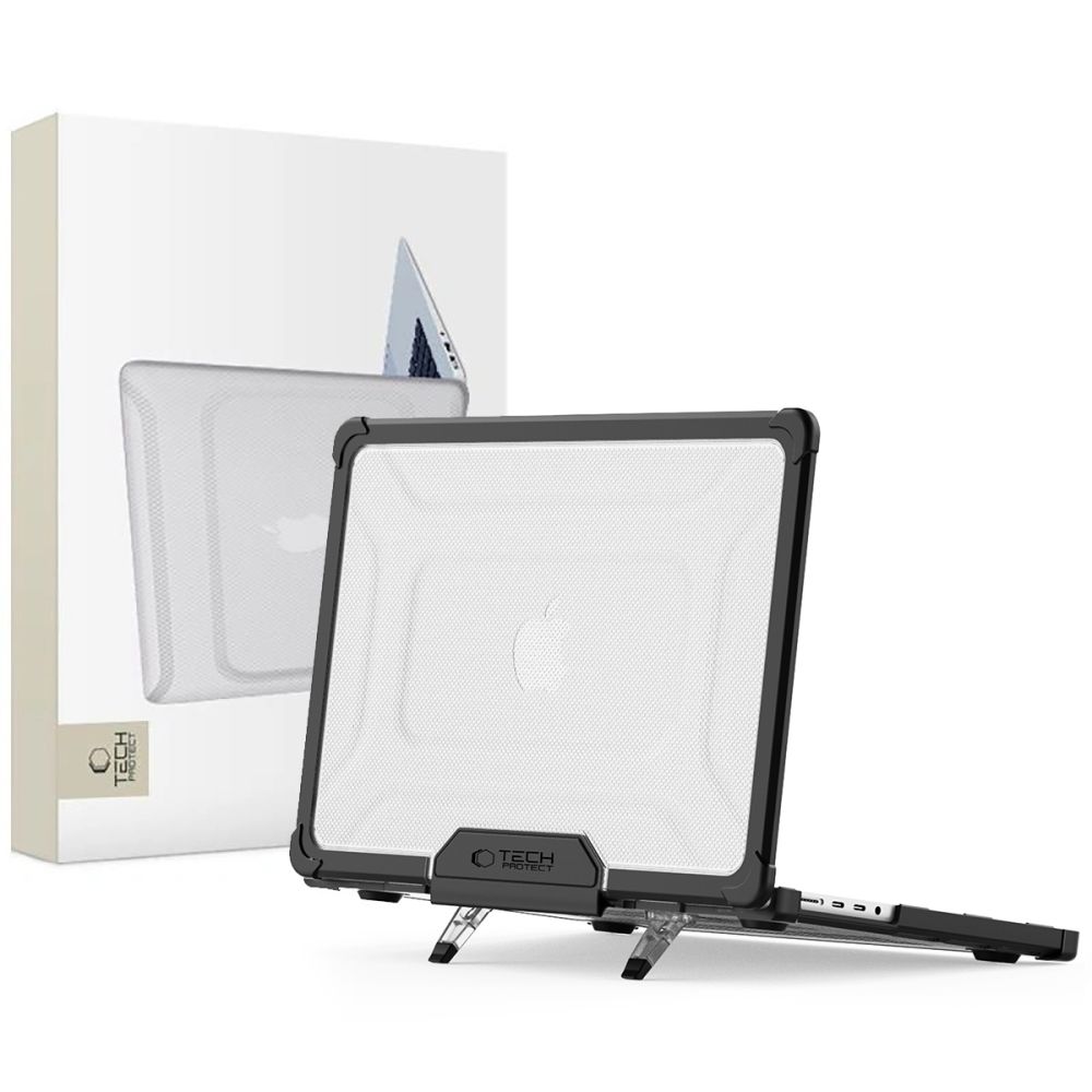 Juodas-skaidrus dėklas Macbook Pro 14 M1 M2 M3 M4 M5 2021-2025 Tech-Protect Smartshell Pro Juodas-skaidrus dėklas Macbook Pro 14 Tech-Protect Smartshell Pro ant stovo