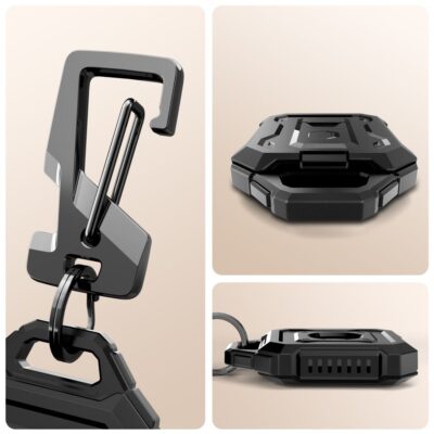 Juodas TECH-PROTECT KEVLAR PRO pakabukas Apple Airtag 1 ir 2 modeliams, matomas juodas tvirtas metalo kabliukas ir kvadratinis dėklas