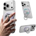 Levandų magnetinis telefono žiedas ESR MAGNETIC 360 HALOLOCK MAGSAFE phone ring pritvirtintas prie sidabrinio išmaniojo telefono