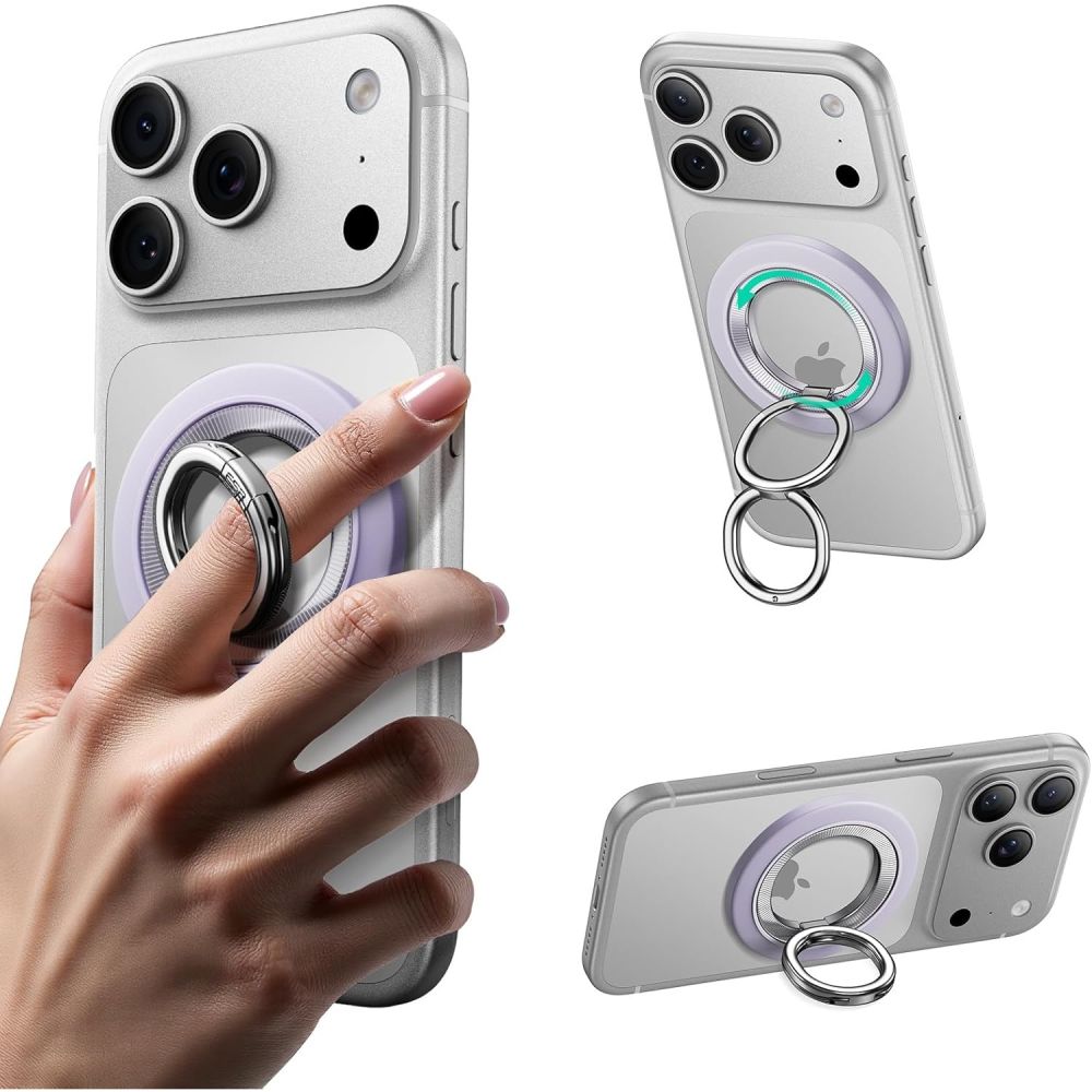 Levandų magnetinis telefono žiedas ESR MAGNETIC 360 HALOLOCK MAGSAFE PHONE RING Levandų magnetinis telefono žiedas ESR MAGNETIC 360 HALOLOCK MAGSAFE phone ring pritvirtintas prie sidabrinio išmaniojo telefono