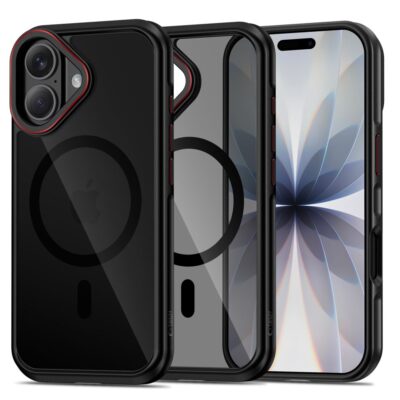 Juodas-raudonas dėklas Apple Iphone 17 Tech-Protect Maghybrid Magsafe su matiniu juodu ir raudonu apvadu kamerai.