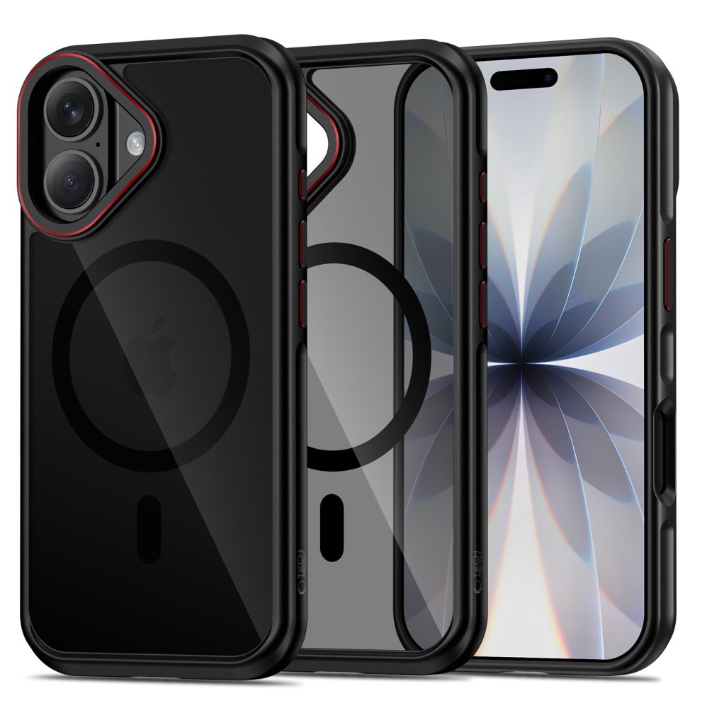 Juodas-raudonas dėklas Apple Iphone 17 Tech-Protect Maghybrid Magsafe Juodas-raudonas dėklas Apple Iphone 17 Tech-Protect Maghybrid Magsafe su matiniu juodu ir raudonu apvadu kamerai.