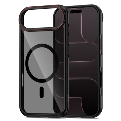 Juodas-raudonas dėklas Apple Iphone Air Tech-Protect Maghybrid Magsafe su permatomu nugarėliu ir juodu-raudonu rėmeliu