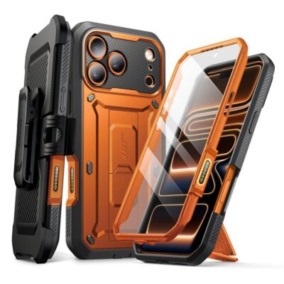 Oranžinis dėklas Apple Iphone 17 Pro Supcase Unicorn Beetle Pro su juodais ir oranžiniais elementais