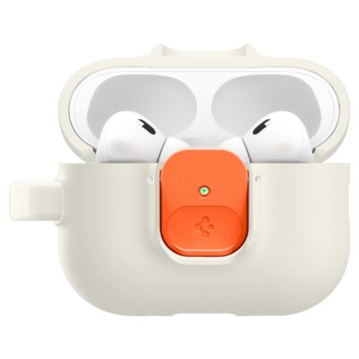 Oranžinis dėklas Apple Airpods Pro 3 Spigen Nano Pop su baltu dėklu ir ausinėmis